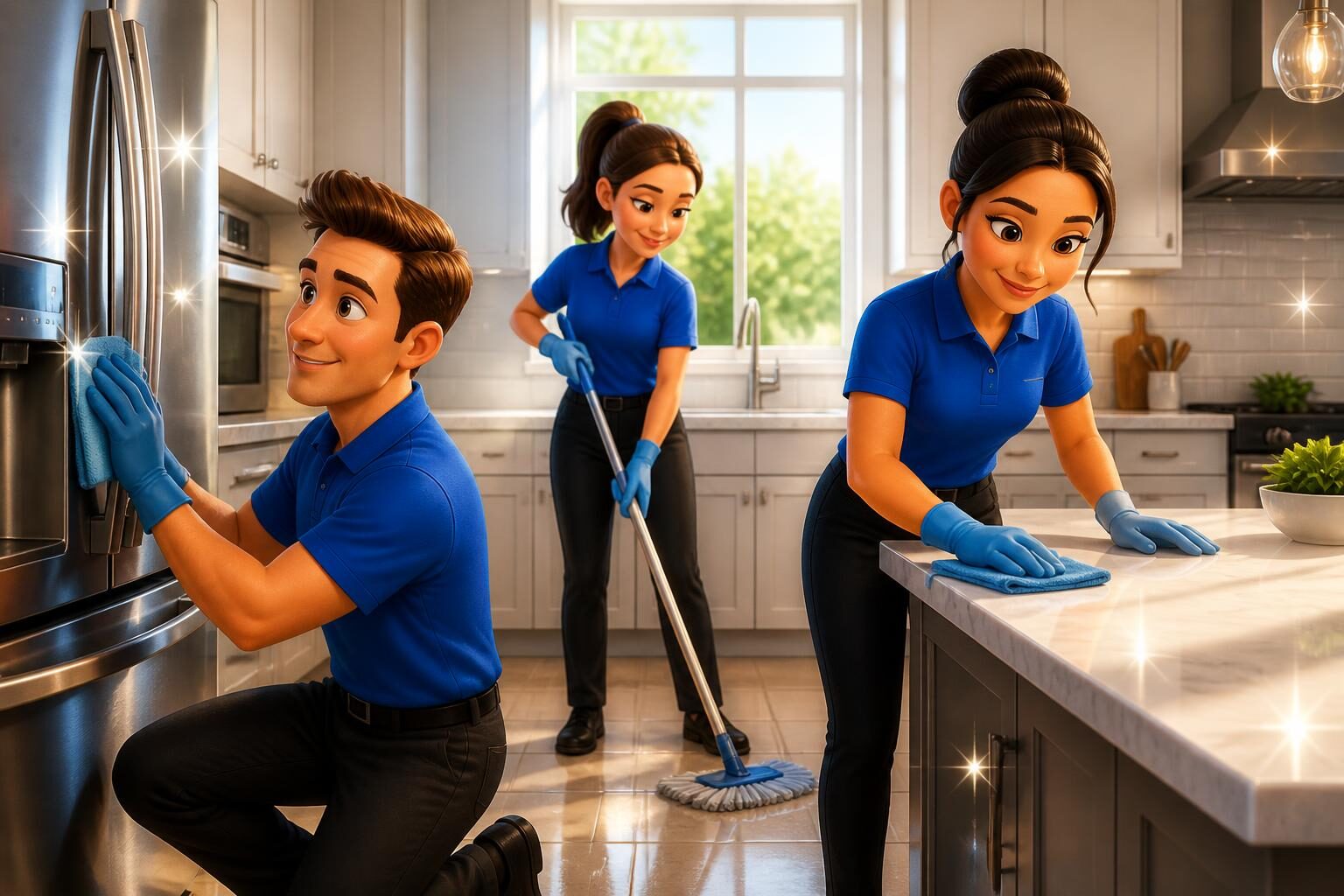 Cleaning crew polishing appliances and mopping in a sparkling modern kitchen