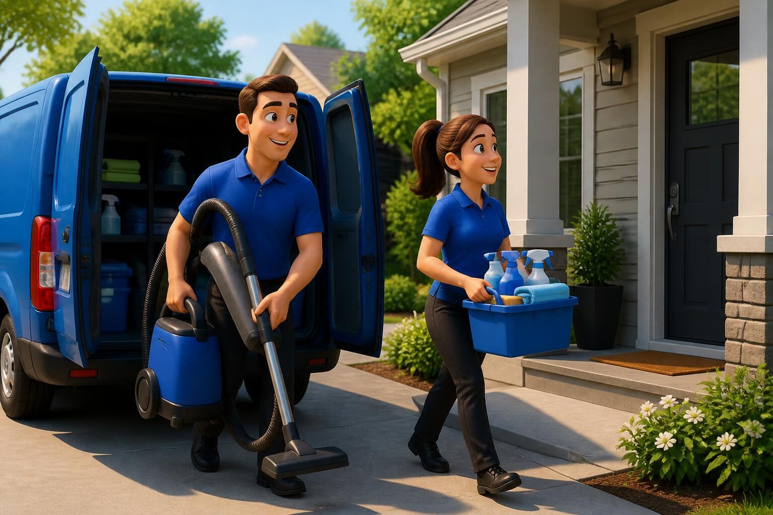 Cleaners unloading supplies from the company van at a client's home