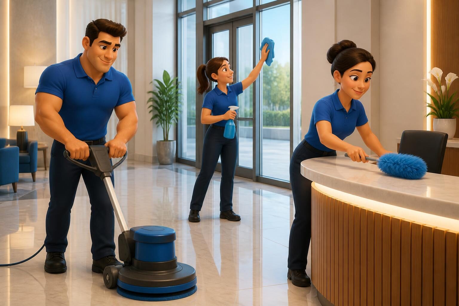 Crew buffing floors and cleaning glass in a commercial lobby