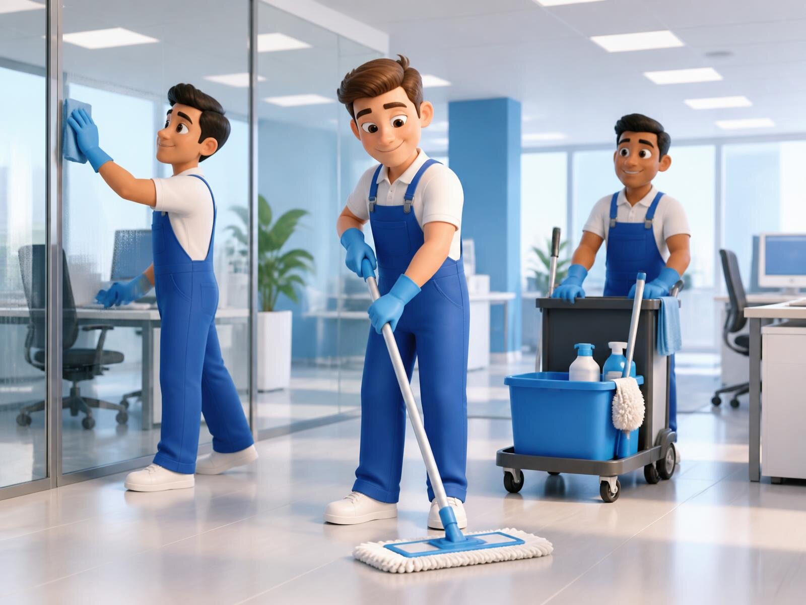 Devoted Clean Corp cleaning crew working in a bright modern space